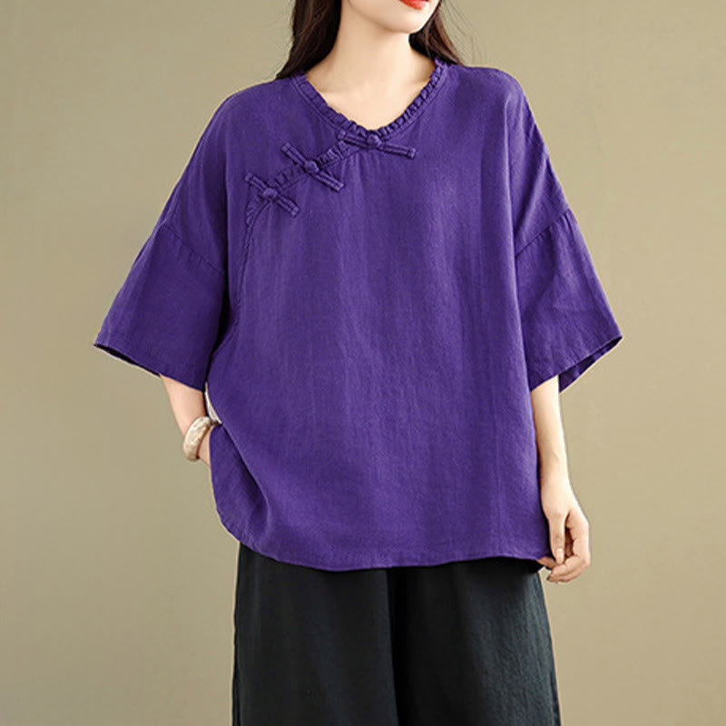 Nimara Ritual Spring V-Neck Frog-Button Long Sleeve Plain Women's Cotton Shirt