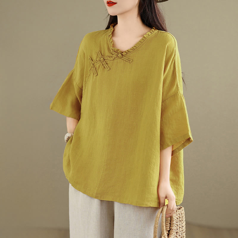 Nimara Ritual Spring V-Neck Frog-Button Long Sleeve Plain Women's Cotton Shirt