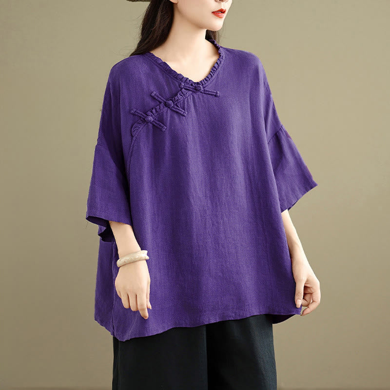 Nimara Ritual Spring V-Neck Frog-Button Long Sleeve Plain Women's Cotton Shirt