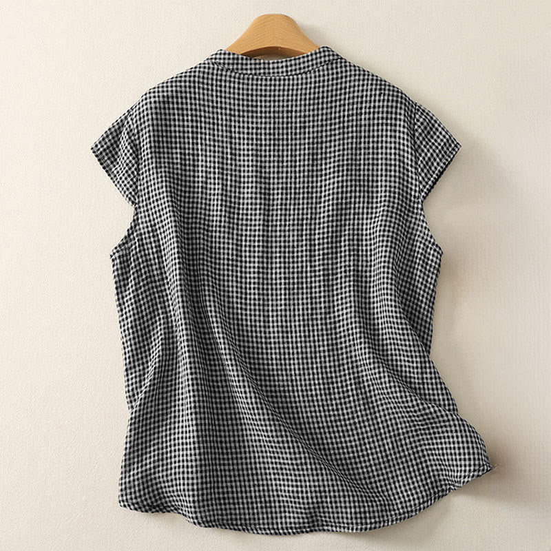 Nimara Ritual Summer Crew Neck Frog-Button Short Sleeve Plaid Women's Shirt