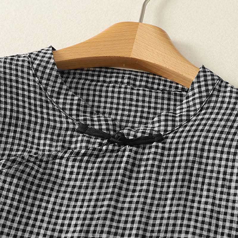 Nimara Ritual Summer Crew Neck Frog-Button Short Sleeve Plaid Women's Shirt