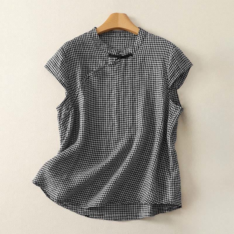 Nimara Ritual Summer Crew Neck Frog-Button Short Sleeve Plaid Women's Shirt