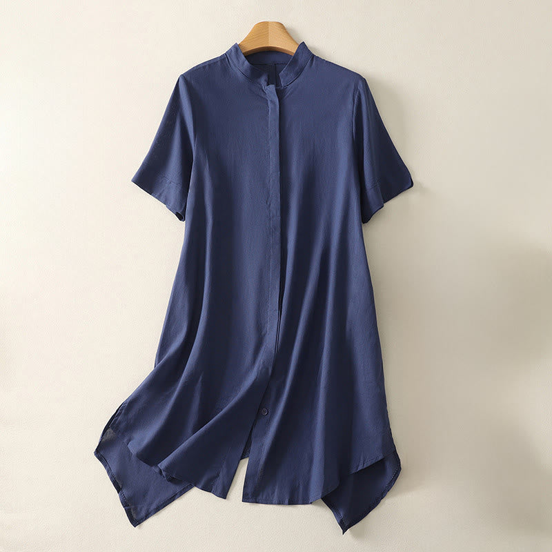 Nimara Ritual Summer Stand Collar Short Sleeve Plain Women's Buttons Cotton Shirt With Pocket