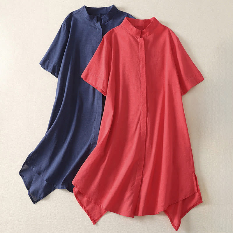 Nimara Ritual Summer Stand Collar Short Sleeve Plain Women's Buttons Cotton Shirt With Pocket