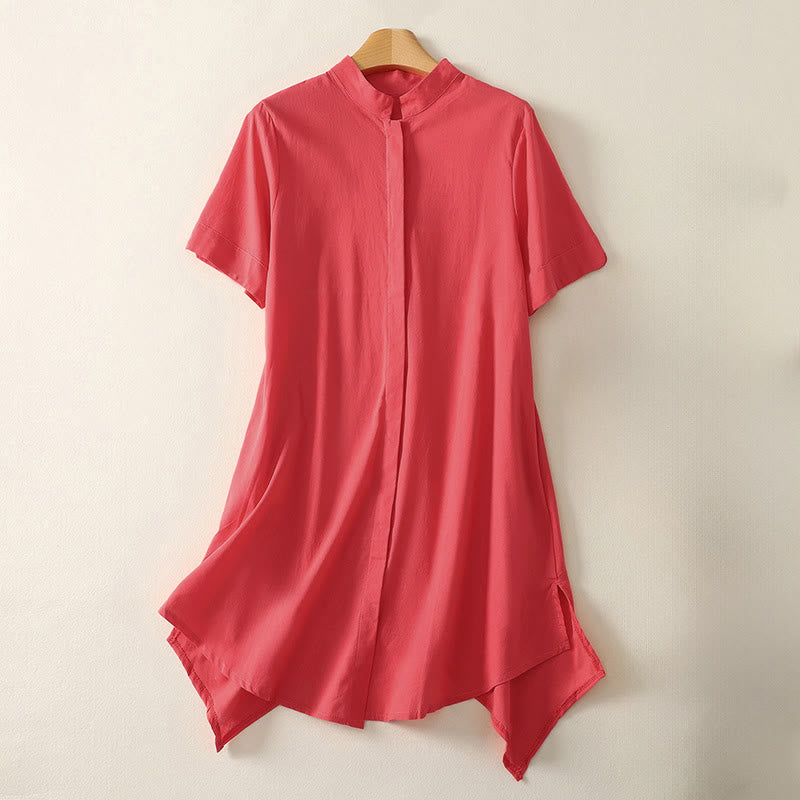 Nimara Ritual Summer Stand Collar Short Sleeve Plain Women's Buttons Cotton Shirt With Pocket