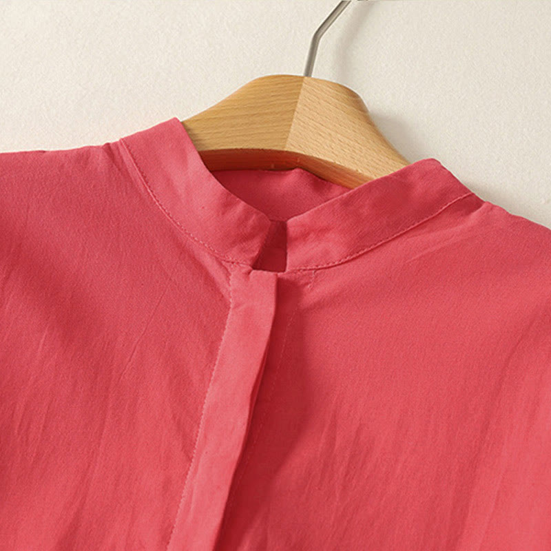 Nimara Ritual Summer Stand Collar Short Sleeve Plain Women's Buttons Cotton Shirt With Pocket