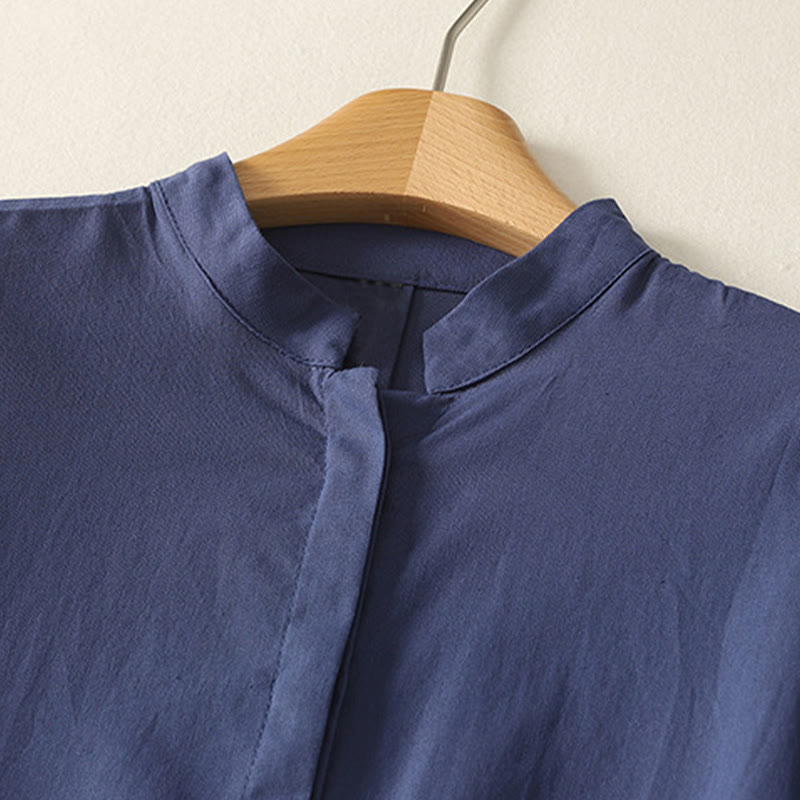 Nimara Ritual Summer Stand Collar Short Sleeve Plain Women's Buttons Cotton Shirt With Pocket