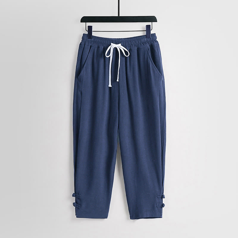 Nimara Ritual Summer Drawstring Elastic Waist Frog-Button Ankle-Length Men's Cotton Linen Pants With Pockets