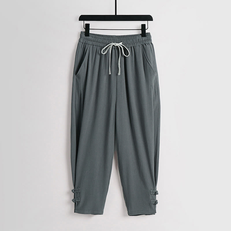 Nimara Ritual Summer Drawstring Elastic Waist Frog-Button Ankle-Length Men's Cotton Linen Pants With Pockets