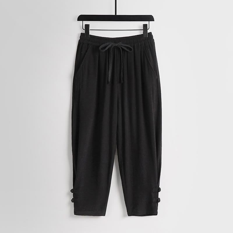 Nimara Ritual Summer Drawstring Elastic Waist Frog-Button Ankle-Length Men's Cotton Linen Pants With Pockets