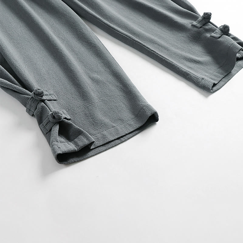 Nimara Ritual Summer Drawstring Elastic Waist Frog-Button Ankle-Length Men's Cotton Linen Pants With Pockets