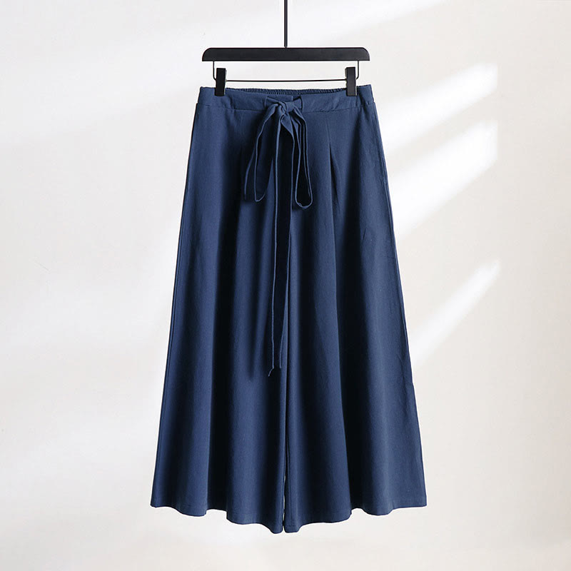 Nimara Ritual Plain Lace-up Drawstring Design Men's Ankle-Length Cotton Linen Wide Leg Pants With Pockets