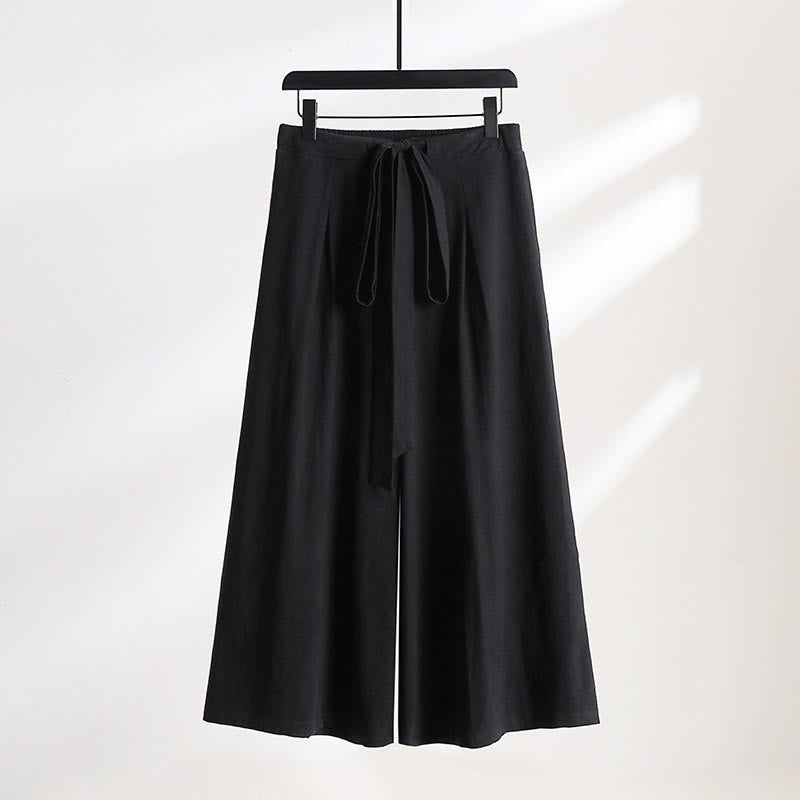 Nimara Ritual Plain Lace-up Drawstring Design Men's Ankle-Length Cotton Linen Wide Leg Pants With Pockets