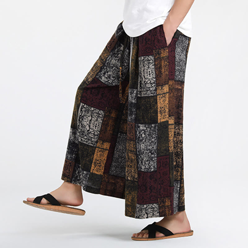 Nimara Ritual Summer Patchwork Design 7-8 Length Men's Wide Leg Pants With Pockets
