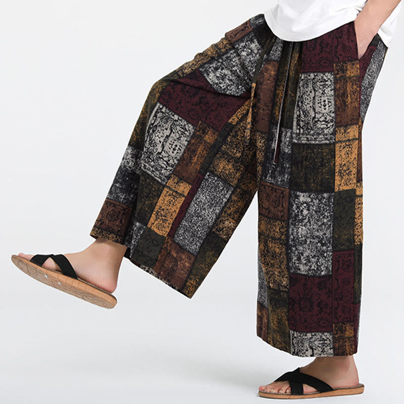 Nimara Ritual Summer Patchwork Design 7-8 Length Men's Wide Leg Pants With Pockets