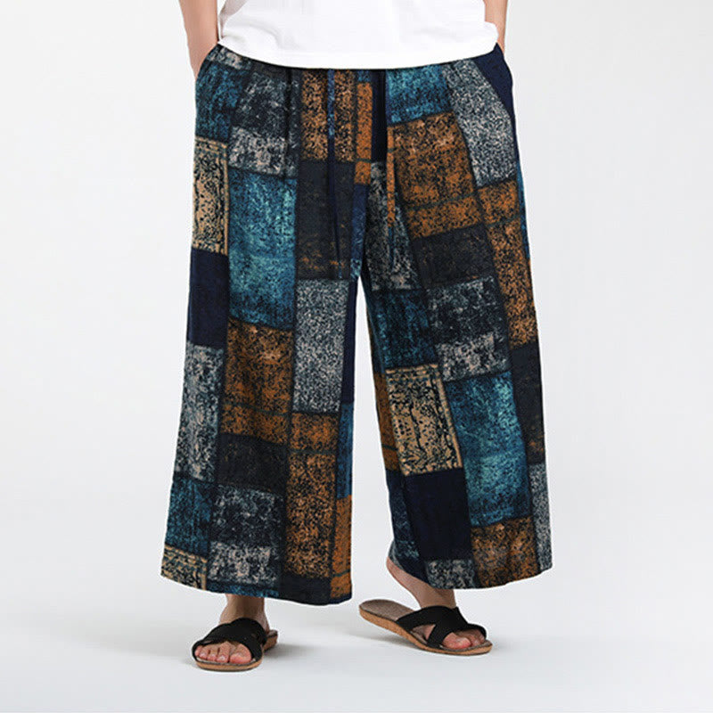 Nimara Ritual Summer Patchwork Design 7-8 Length Men's Wide Leg Pants With Pockets