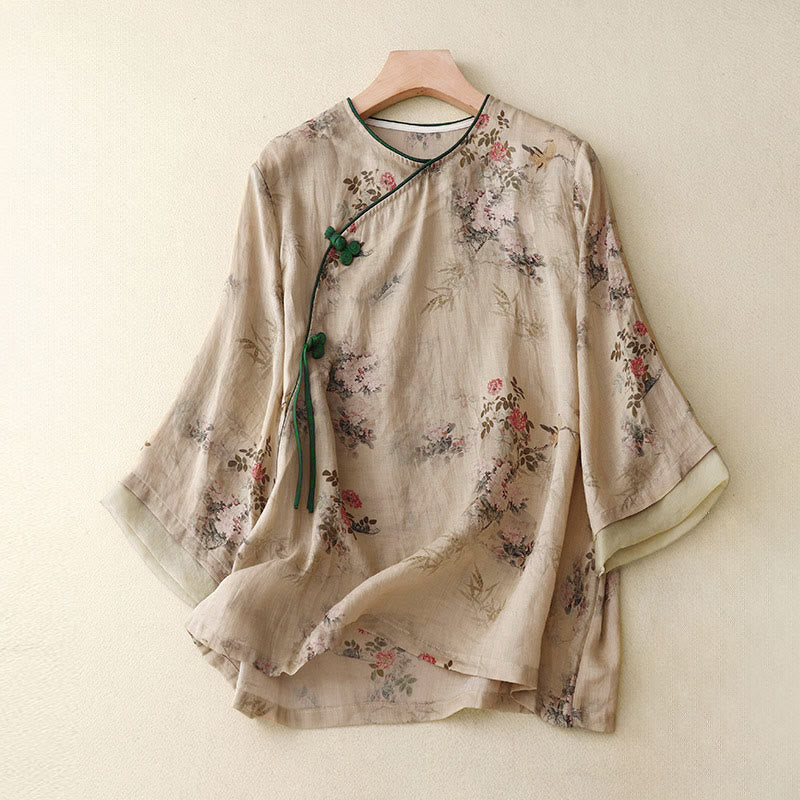 Nimara Ritual White Orchid Red Flowers Frog-Button Design Three Quarter Sleeve Women's Shirt
