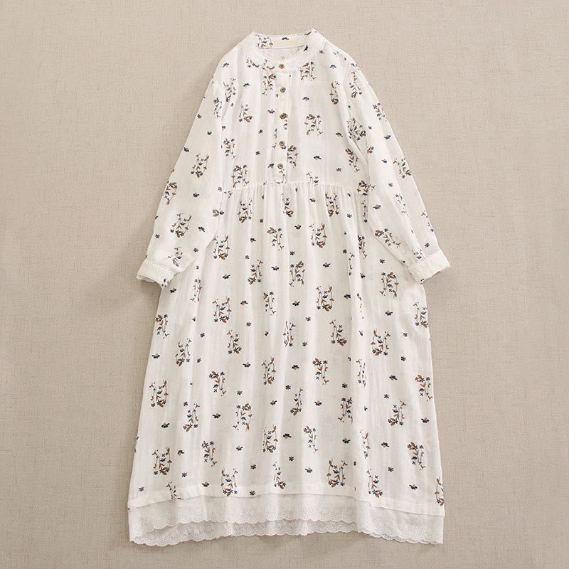 Nimara Ritual Spring Small Floral Print Buttons Design Crew Neck Long Sleeve Midi Dress With Pockets