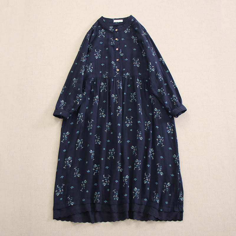 Nimara Ritual Spring Small Floral Print Buttons Design Crew Neck Long Sleeve Midi Dress With Pockets