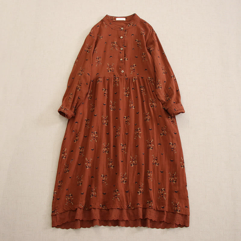 Nimara Ritual Spring Small Floral Print Buttons Design Crew Neck Long Sleeve Midi Dress With Pockets