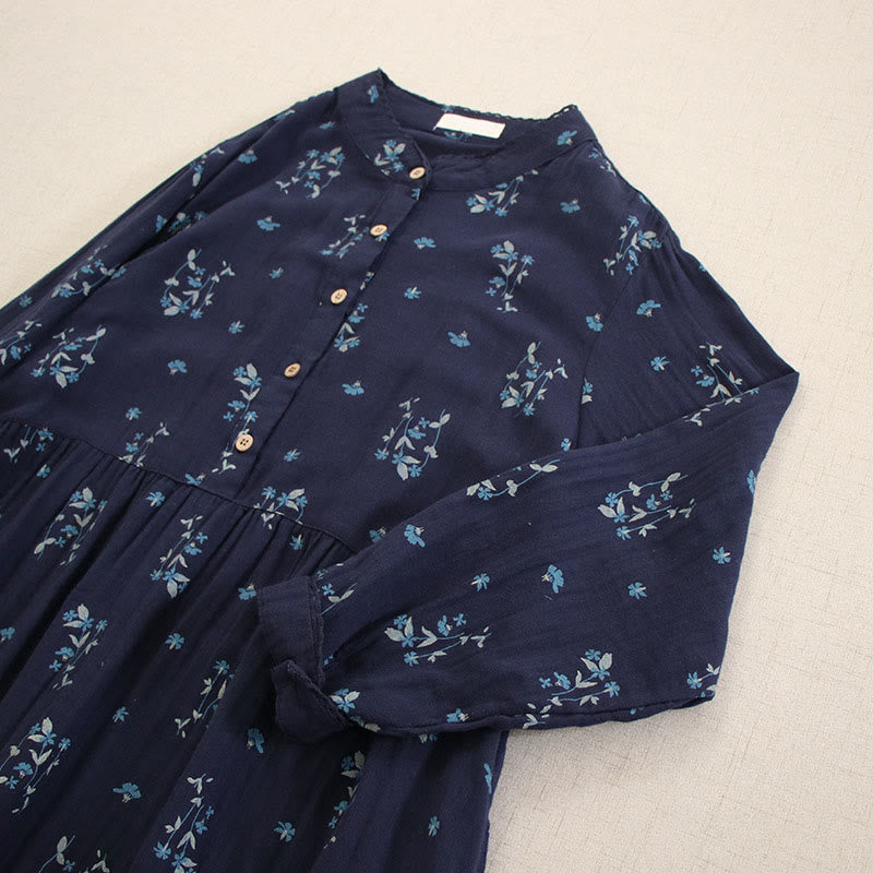 Nimara Ritual Spring Small Floral Print Buttons Design Crew Neck Long Sleeve Midi Dress With Pockets