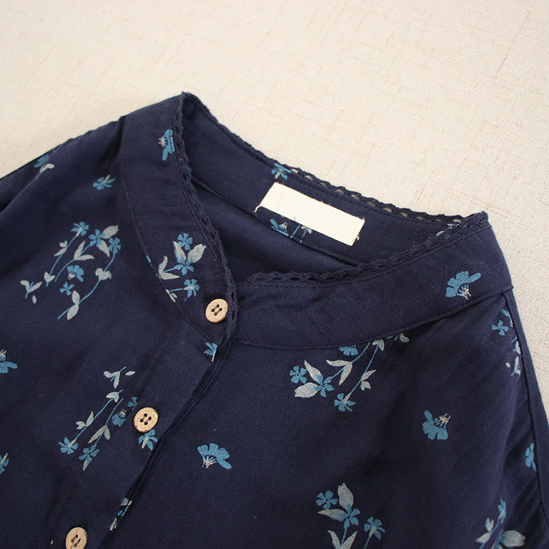 Nimara Ritual Spring Small Floral Print Buttons Design Crew Neck Long Sleeve Midi Dress With Pockets