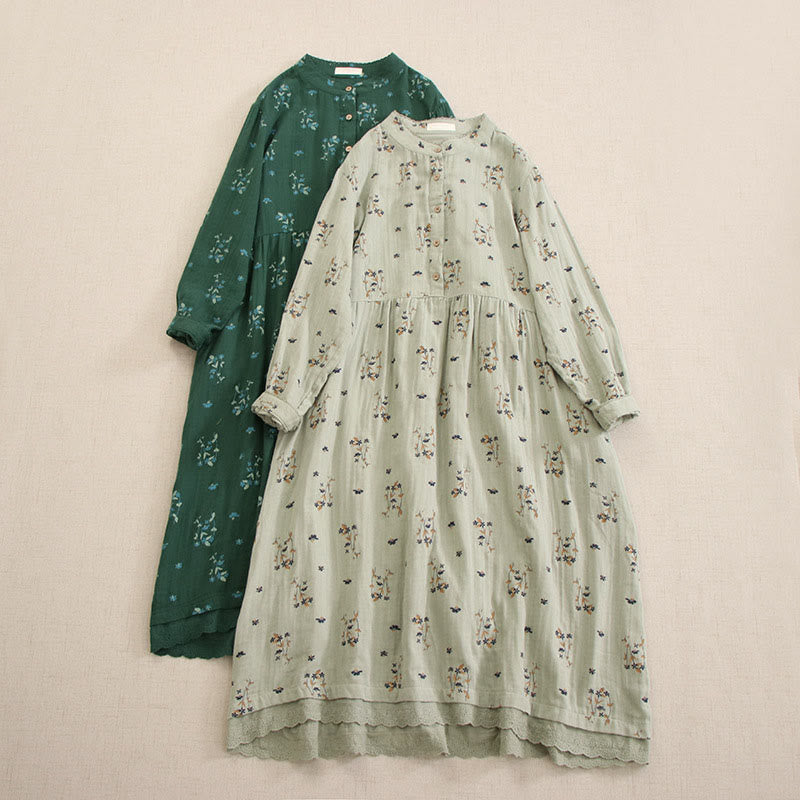 Nimara Ritual Spring Small Floral Print Buttons Design Crew Neck Long Sleeve Midi Dress With Pockets