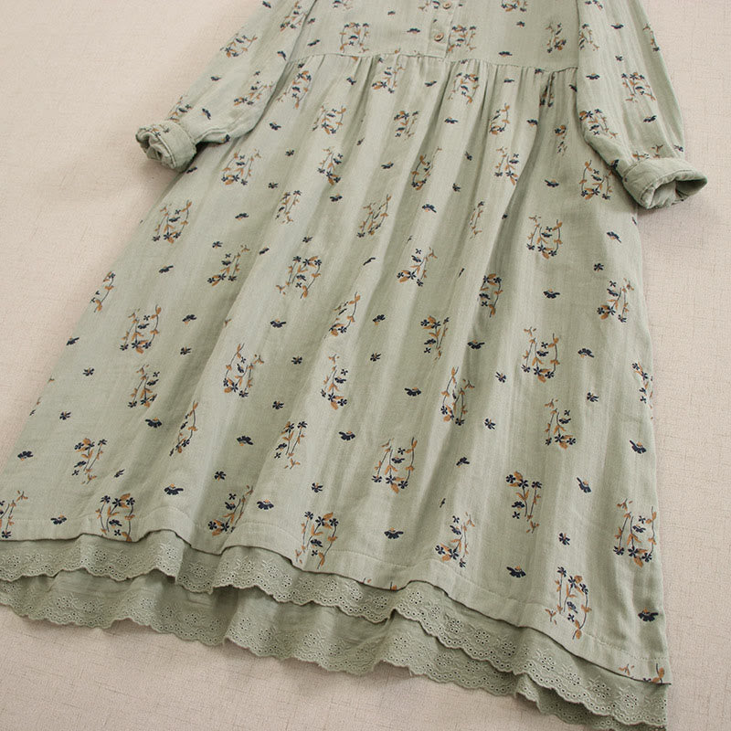 Nimara Ritual Spring Small Floral Print Buttons Design Crew Neck Long Sleeve Midi Dress With Pockets