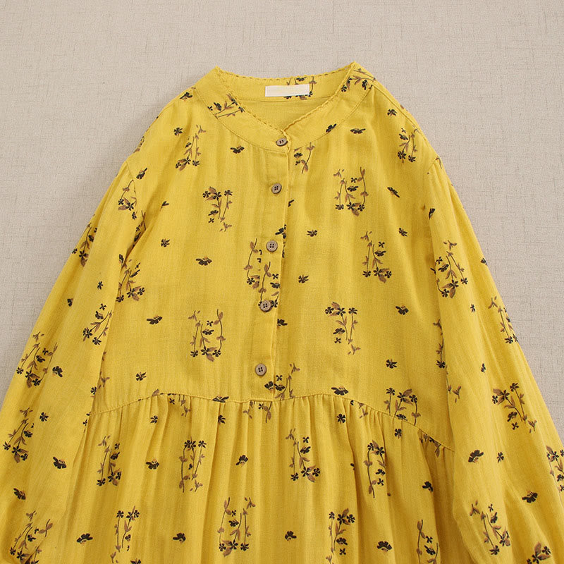 Nimara Ritual Spring Small Floral Print Buttons Design Crew Neck Long Sleeve Midi Dress With Pockets