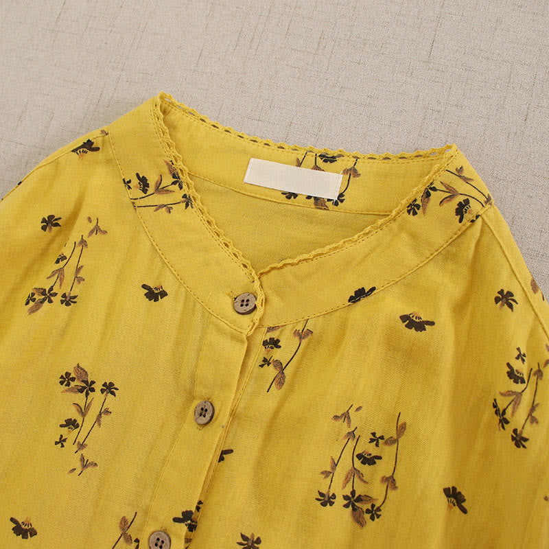 Nimara Ritual Spring Small Floral Print Buttons Design Crew Neck Long Sleeve Midi Dress With Pockets