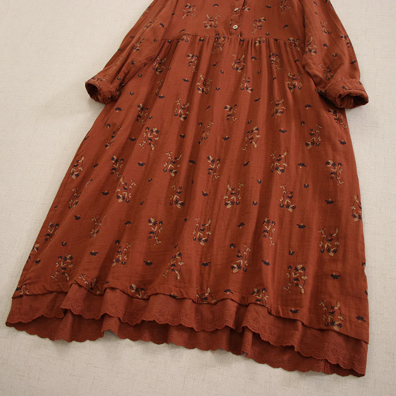 Nimara Ritual Spring Small Floral Print Buttons Design Crew Neck Long Sleeve Midi Dress With Pockets