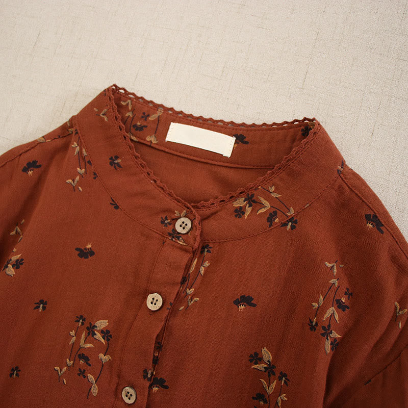 Nimara Ritual Spring Small Floral Print Buttons Design Crew Neck Long Sleeve Midi Dress With Pockets