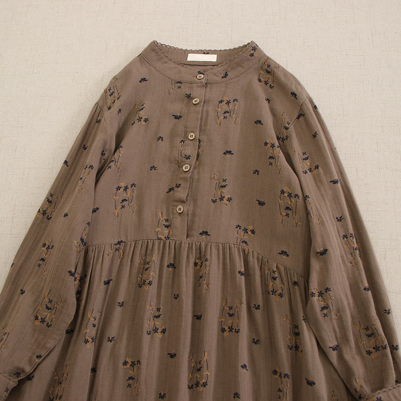 Nimara Ritual Spring Small Floral Print Buttons Design Crew Neck Long Sleeve Midi Dress With Pockets