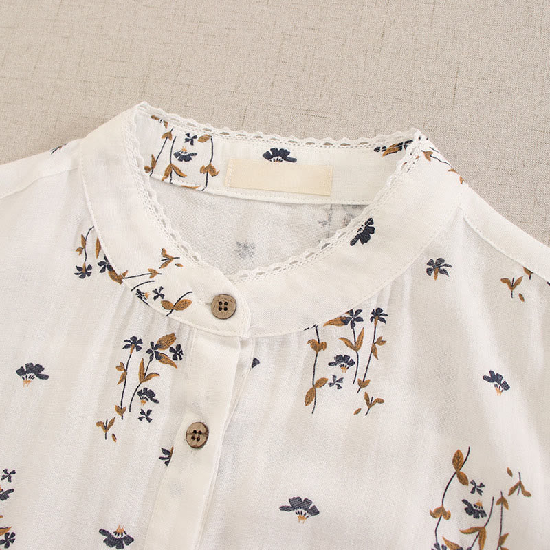 Nimara Ritual Spring Small Floral Print Buttons Design Crew Neck Long Sleeve Midi Dress With Pockets