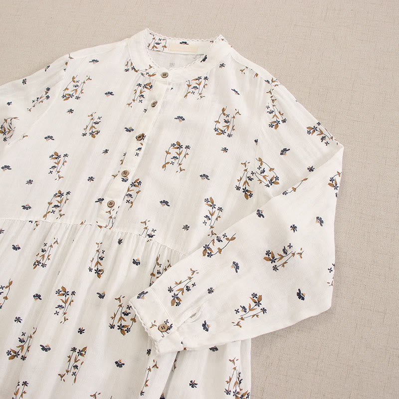 Nimara Ritual Spring Small Floral Print Buttons Design Crew Neck Long Sleeve Midi Dress With Pockets