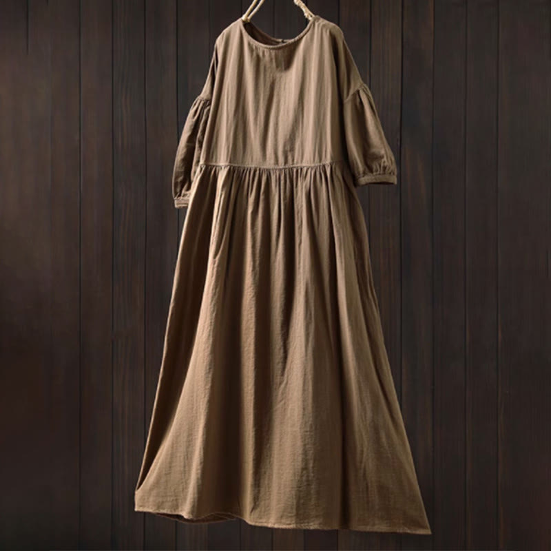Nimara Ritual Summer Solid Color Crew Neck Half Sleeve Cotton Midi Dress With Pockets