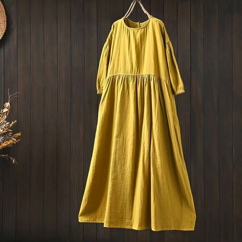 Nimara Ritual Summer Solid Color Crew Neck Half Sleeve Cotton Midi Dress With Pockets