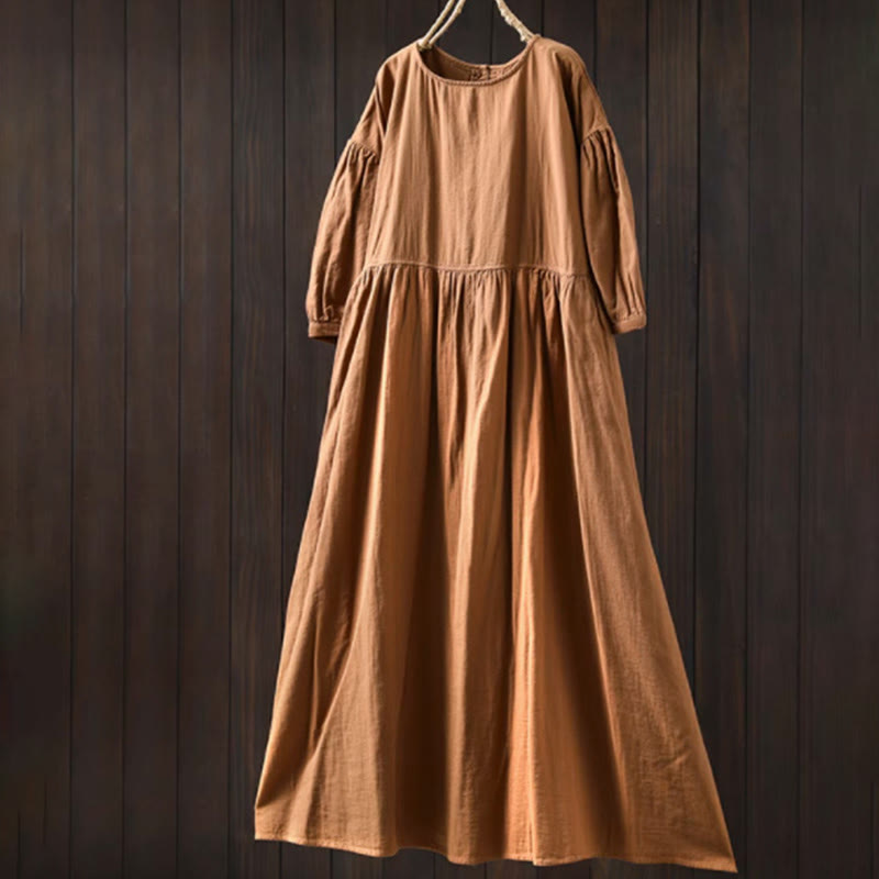 Nimara Ritual Summer Solid Color Crew Neck Half Sleeve Cotton Midi Dress With Pockets