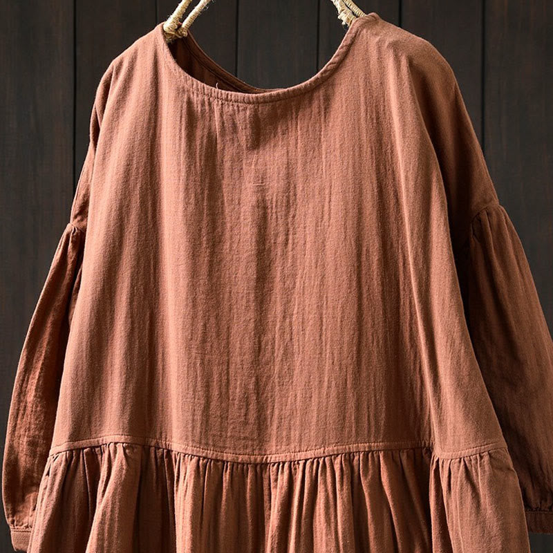 Nimara Ritual Summer Solid Color Crew Neck Half Sleeve Cotton Midi Dress With Pockets