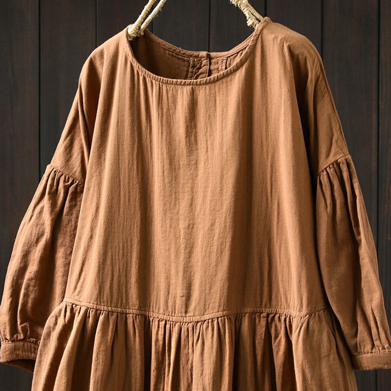 Nimara Ritual Summer Solid Color Crew Neck Half Sleeve Cotton Midi Dress With Pockets