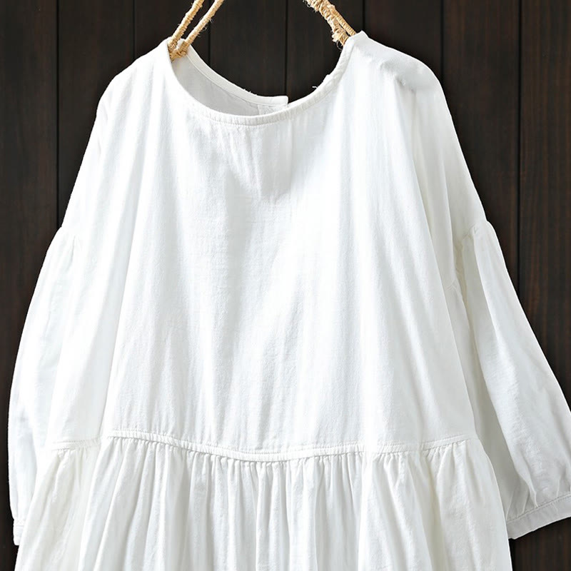 Nimara Ritual Summer Solid Color Crew Neck Half Sleeve Cotton Midi Dress With Pockets