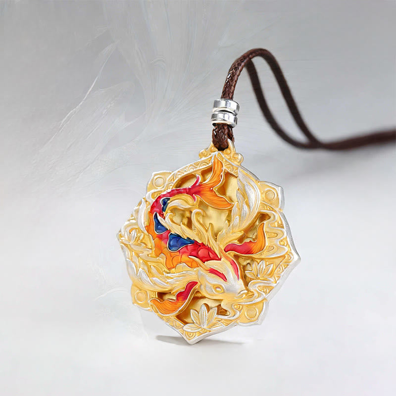 Nimara Ritual 999 Sterling Silver Colorful Koi Fish Carved Luck Necklace Pendant