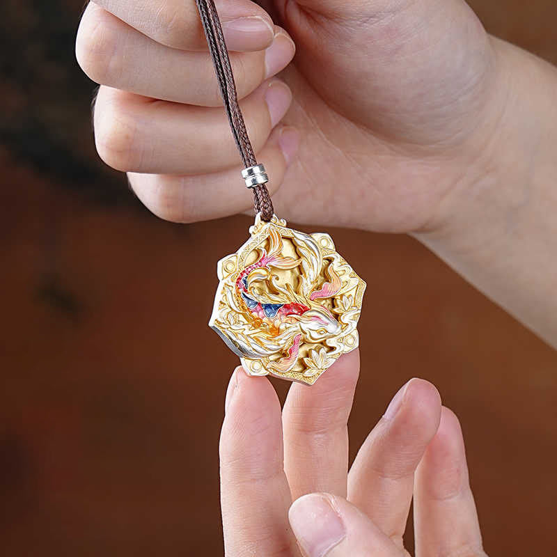 Nimara Ritual 999 Sterling Silver Colorful Koi Fish Carved Luck Necklace Pendant