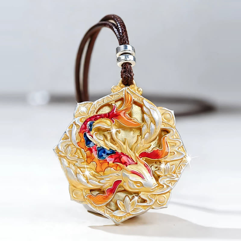 Nimara Ritual 999 Sterling Silver Colorful Koi Fish Carved Luck Necklace Pendant