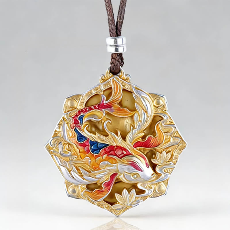 Nimara Ritual 999 Sterling Silver Colorful Koi Fish Carved Luck Necklace Pendant