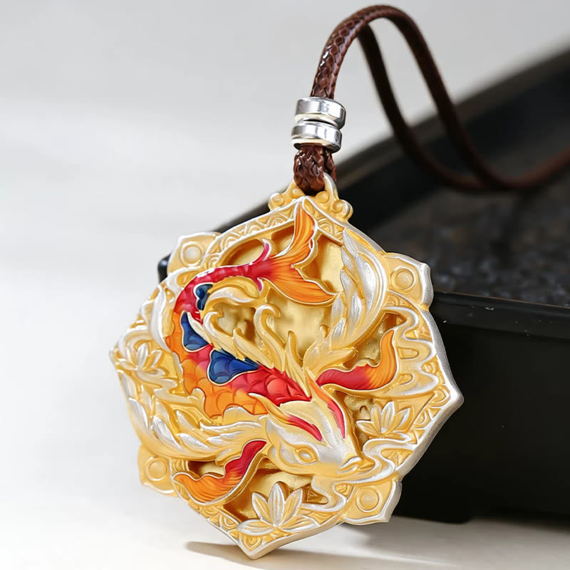 Nimara Ritual 999 Sterling Silver Colorful Koi Fish Carved Luck Necklace Pendant