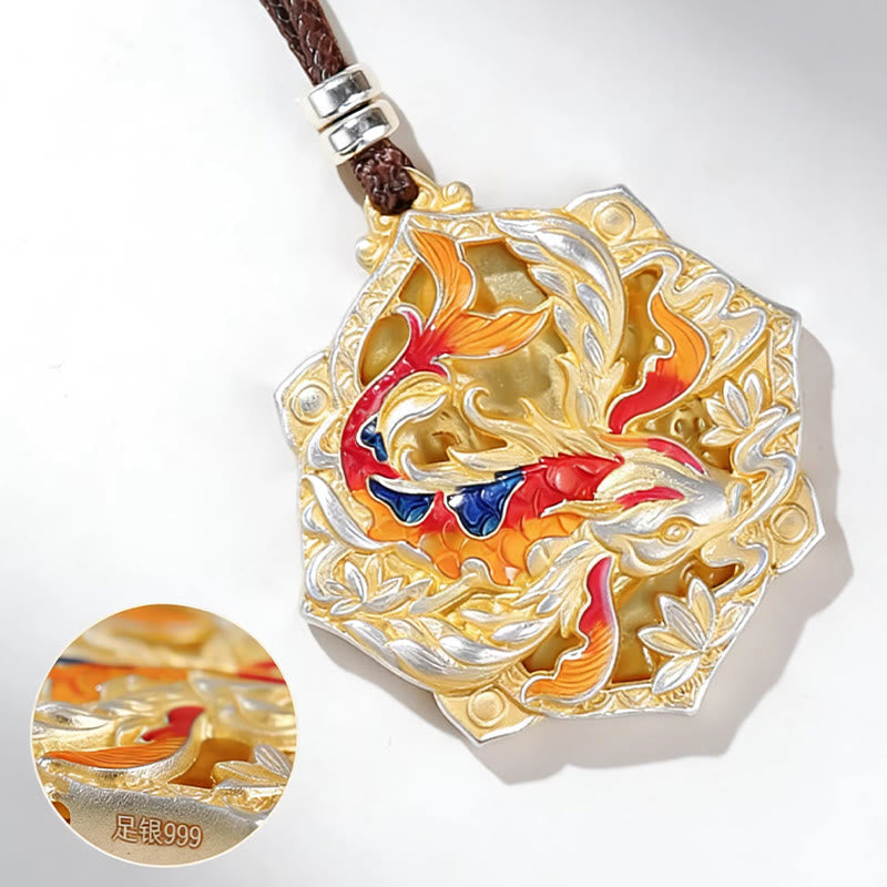 Nimara Ritual 999 Sterling Silver Colorful Koi Fish Carved Luck Necklace Pendant