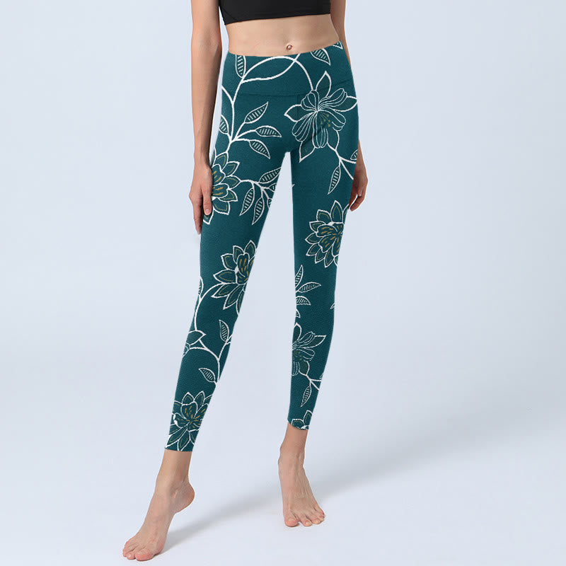 Nimara Ritual Retro Elegant Flower Leaf Pattern Print Gym Leggings Women's Yoga Pants