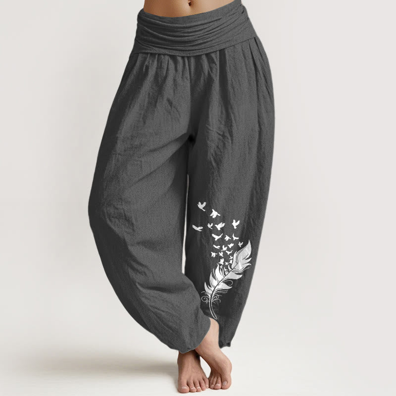Nimara Ritual Pure Cotton Vivid Bird Feather Pattern Women's Elastic Waist Harem Pants