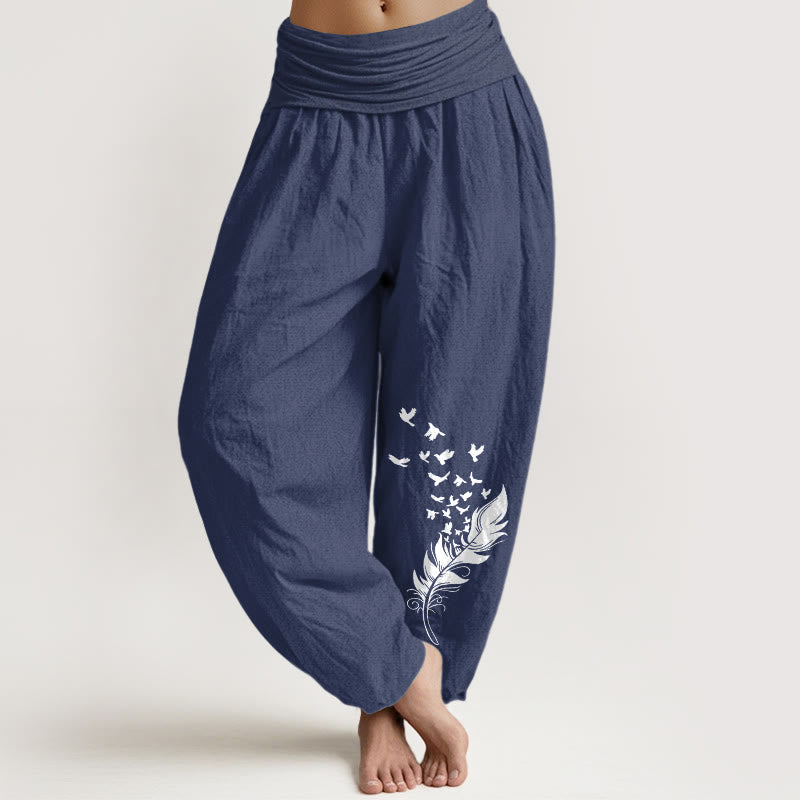 Nimara Ritual Pure Cotton Vivid Bird Feather Pattern Women's Elastic Waist Harem Pants